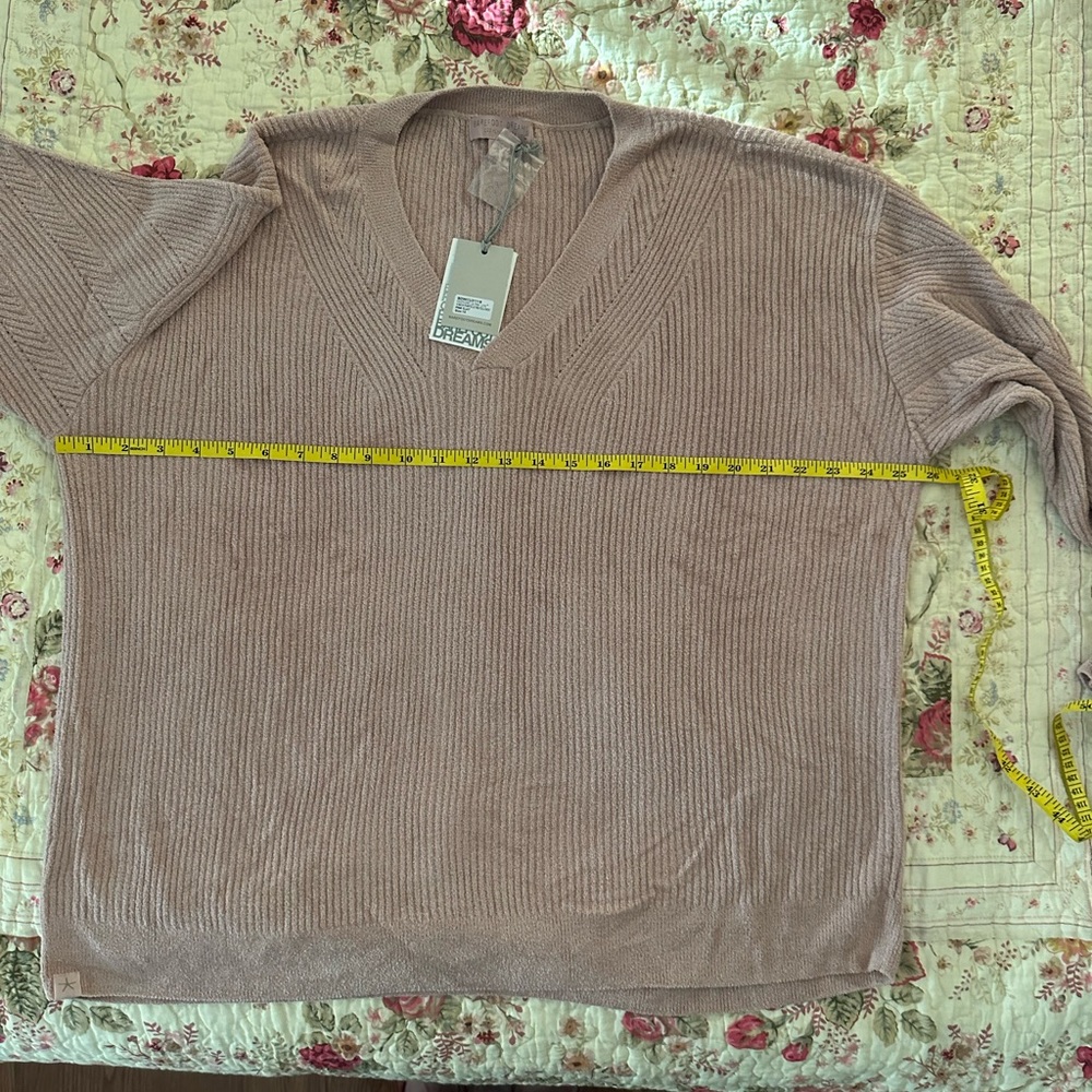 Barefoot Dreams |Cozy Chic Ultra Lite | V-Neck Pointelle Rib Pullover Pink Clay